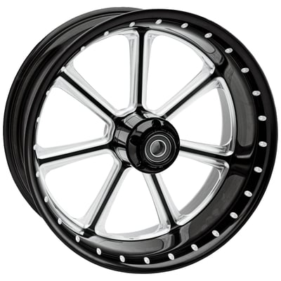 - Front
- Gloss black with a Contrast Cut finish
- CNC machined from hammer forged aluminum to provide maximum structural strength
- Complete with pre-installed bearings and spacers for a bolt-in installation
- Suitable for tubeless tires
- A striking Roland Sands design that is matched only by the detail of its finish
- Manufactured by Performance Machine
- Will complement all bikes from stock to custom.
Note: Wheels to 5.50" wide are compatible with brake rotors that have regular 3.25" radius counter bored bolt circle mount holes and 56.3mm ID.
5.50" and wider wheels will not take stock brake rotors due to the larger (2.50" OD) wheel bearings that are used in these wheels. Special 2.50" ID PM brake rotors are available and must be ordered separately.
Note: Many wheels come with approval. For the latest information on approval see 'performancemachine.com' and search for wheel type, sizes and model application to see if a specific wheel comes with approval documents.