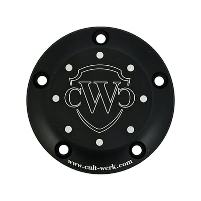 Aluminum timer cover / ignition cover to fit stock gear cover. Black anodized finish with contrast cut CNC machined Cult-Werk logo.