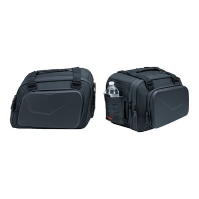 Clamshell opening with interior mesh fence and side gussets to protect/retain gear when accessing main storage. Media storage for up to a 12" device. Forward-facing bottle pocket. Anti-scratch back side and heat resistant bottom. The 2" expansion option offers enough storage to fit a full-face helmet. Top carrying handle and a shoulder strap for off-bike transport. Heavy-duty welded D-rings and straps for mounting. Thermoformed construction and components for strength, security and shape retention. Weather-resistant 1680 denier textile material, with included rain cover
- Approx. dimensions: 16" (40.6cm) wide x 9.5" (24cm) deep (11.5" / 29.2cm expanded) x 11" (27.9cm) tall. 
- Capacity: 1672Cui (27.4 liter) in each bag, (2024Cui / 33.2 liter expanded).