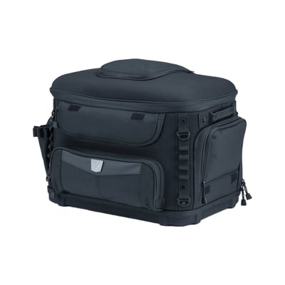 The most versatile motorcycle small pet carrier available. Updated styling, four mesh windows for viewing. Top window opens allowing your pet to pop its head out. 40% more ventilation with 20% more internal space than the previous model. Easy-clean removable foam cushion and includes internal adjustable leash, two dishes, and removable stash pouch. An internal frame with rigid structural support offers peace of mind and safe transport. Sissy bar strap, multiple D-rings and adjustable straps offer easy, secure mounting options for safe travels. From Weather-resistant 1200 denier textile material with removable rain cover. Weight capacity is 20lbs / 9kg. Dimensions: 18.5" (47cm) wide x 13" (33cm) deep x 14" (35.6cm) tall.