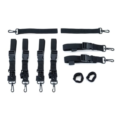 Optional mount kit for a variation of bags. 
Works with all Kuryakyn and XKursion luggage. 
Includes (4) double snap hook straps, (2) single snap hook straps with pull-through loop, (2) hook-and-loop straps, and (2) hook-and-loop snap straps.