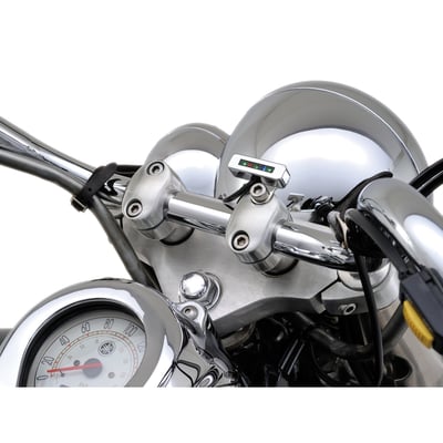 CNC machined aluminum body with 5 LED indicators for Neutral (green), Hi-Beam (blue), Oil (red) and left/right turn signal (green). Dimensions: 46.8mm wide x 13.8mm high x 11.5mm deep.