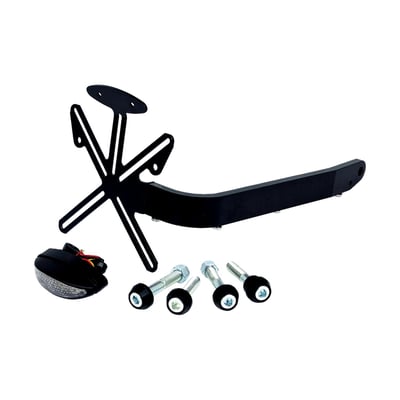 Used to install the license plate behind the rear tire. Kit includes a complete taillight set-up with nothing else required. The black anodized CNC machined aluminum mounting bracket installs directly to the bottom shock absorber bolt. Complete with license plate bracket (175x175mm Italian size), a miniature ECE approved LED taillight, turn signal brackets and required installation hardware. 
Note: Turn signals are not included. Any M8 threaded turn signal will fit. 
Note: Installation will require cutting rear fender.