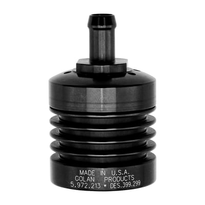Black anodized aluminum. 
This is a breather and oil collector in one package. 
Connects to the transmission 5/16" over-flow oil hose to help prevent these nasty looking oil spots under your bike. 