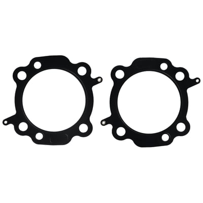 MLS (Multi Layer Steel). Front & rear gasket for one engine. 3-7/8" (3.875") fits 103" OEM H-D Twin Cooled engines only. Will not fit 103" non-Twin Cooled models. 
Stock Twin Cam gasket is approx. .040" thick. 
OEM replacement reference 16500066. 
MLS (Multi Layer Steel) explained: MLS consists of a top and bottom layer of embossed stainless steel with both side coated with 250°C high temperature polymer rubber layer. The inner ring(s) are also stainless steel. The gasket layers are rivited together, outside the gasket surface, for ease of installation. The outer layers are embossed and both sides coated with a 250°C resitant polymer rubber layer. MLS head gaskets eliminate the use of dowel pin o-rings, when in use.