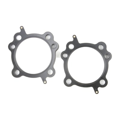 MLS (Multi Layer Steel). Front & rear gasket for one engine. 3-7/8" (3.875") fits 88" to 95"(1550cc) big bore conversions and is standard size for 103" OEM H-D engines. Will not fit 103" Twin Cooled models. 
Stock Twin Cam gasket is approx. .043" thick. 
MLS (Multi Layer Steel) explained: MLS consists of a top and bottom layer of embossed stainless steel with both side coated with 250°C high temperature polymer rubber layer. The inner ring(s) are also stainless steel. The gasket layers are rivited together, outside the gasket surface, for ease of installation. The outer layers are embossed and both sides coated with a 250°C resitant polymer rubber layer. MLS head gaskets eliminate the use of dowel pin o-rings, when in use.