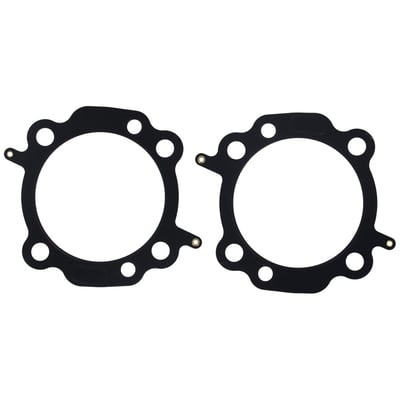 MLS (Multi Layer Steel). Front & rear gasket for one engine. 4.00" fits 110" OEM H-D Twin Cooled engines only. Will not fit 110" non-Twin Cooled models. 
Stock Twin Cam gasket is approx. .040" thick. 
OEM replacement reference 16500168. 
MLS (Multi Layer Steel) explained: MLS consists of a top and bottom layer of embossed stainless steel with both side coated with 250°C high temperature polymer rubber layer. The inner ring(s) are also stainless steel. The gasket layers are rivited together, outside the gasket surface, for ease of installation. The outer layers are embossed and both sides coated with a 250°C resitant polymer rubber layer. MLS head gaskets eliminate the use of dowel pin o-rings, when in use.