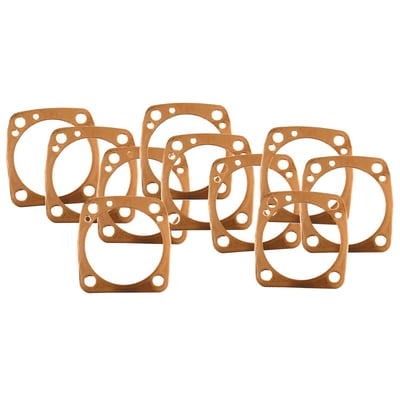 'Type A' gasket. 3-5/8" big bore copper gasket.
Type A gasket explained: The 'Type A' gasket is the early type introduced on the 1984 Evolution Big Twin models, and can be used on all of the 84-99 Evo Big Twin models and will follow the contoures of the cylinder base perfectly. They will fit 86-22 Evo XL, but stick out at the cylinder base. Both type 'A' and type 'B' have identical inner bore diameter, oil hole and stud hole locations. Gaskets for front & rear cylinder are identical. Only difference between the 'A' & 'B' gaskets is the outside perimeter.