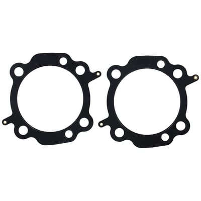 MLS (Multi Layer Steel). Front & rear gasket for one engine. 4.00" fits 110" OEM H-D Twin Cooled engines only. Will not fit 110" non-Twin Cooled models. 
Stock Twin Cam gasket is approx. .040" thick. 
OEM replacement reference 16500168. 
MLS (Multi Layer Steel) explained: MLS consists of a top and bottom layer of embossed stainless steel with both side coated with 250°C high temperature polymer rubber layer. The inner ring(s) are also stainless steel. The gasket layers are rivited together, outside the gasket surface, for ease of installation. The outer layers are embossed and both sides coated with a 250°C resitant polymer rubber layer. MLS head gaskets eliminate the use of dowel pin o-rings, when in use.