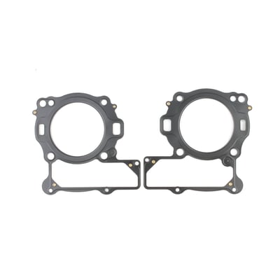 Front & rear gasket to service one engine. OEM replacement reference 17625-01K (front) & 17626-01 (rear). 
MLS (Multi Layer Steel). Consists of a top and bottom layer of embossed stainless steel with both side coated with 250°C high temperature polymer rubber layer. The inner ring(s) are also stainless steel. The gasket layers are riveted together, outside the gasket surface, for ease of installation. The outer layers are embossed and both sides coated with a 250°C resistant polymer rubber layer. MLS head gaskets eliminate the use of dowel pin O-rings.