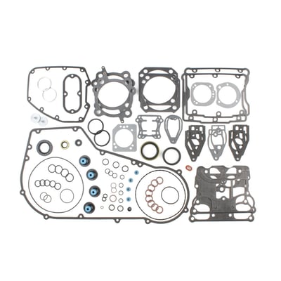 This EST (Extreme-Sealing-Technology) gasket set is complete with all gaskets, seals and o-rings that are used on this model, including primary gaskets. It's the easy way to do a complete overhaul and have all gaskets that are necessary in one package to reassemble the engine. 
This EST gasket set contains MLS (Multi-Layer-Steel) .030" thick head gaskets which eliminates the use of dowel pin o-rings. 
Base gaskets are SLS (Single-Layer-Steel) .010" thick. They have .005" of high temperature Viton rubber on both sides and are the strongest on the market. 
Rocker cover gaskets are also .020" thick SLS. They will not weep, extrude, tear or become brittle over time. 
Exhaust gaskets will not hinder exhaust gas flow and will not fray into the exhaust port. 
Valve seals utilize Viton rubber and outer springs for a perfect seal. 
With 99-10 style breather gaskets