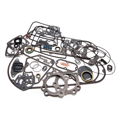 This EST (Extreme-Sealing-Technology) gasket set is complete with all gaskets, seals and o-rings that are used on this model, including primary gaskets. It's the easy way to do a complete overhaul and have all gaskets that are necessary in one package to reassemble the engine. 
This EST gasket set contains MLS (Multi-Layer-Steel) .030" thick head gaskets which eliminates the use of dowel pin o-rings. 
Base gaskets are SLS (Single-Layer-Steel) .020" thick. They have .005" of high temperature Viton rubber on both sides and are the strongest on the market. 
Rocker cover gaskets are also .020" thick SLS. They will not weep, extrude, tear or become brittle over time. 
Exhaust gaskets will not hinder exhaust gas flow and will not fray into the exhaust port. 
Valve seals utilize Viton rubber and outer springs for a perfect seal.