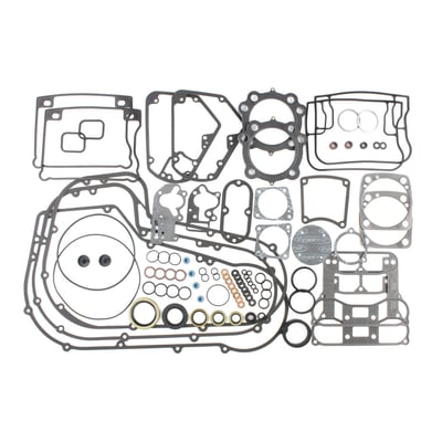 This EST (Extreme-Sealing-Technology) gasket set is complete with all gaskets, seals and o-rings that are used on this model, including primary gaskets. It's the easy way to do a complete overhaul and have all gaskets that are necessary in one package to reassemble the engine. 
This EST gasket set contains MLS (Multi-Layer-Steel) .040" thick head gaskets which eliminates the use of dowel pin o-rings. 
Base gaskets are SLS (Single-Layer-Steel) .020" thick. They have .005" of high temperature Viton rubber on both sides and are the strongest on the market. 
Rocker cover gaskets are also .020" thick SLS. They will not weep, extrude, tear or become brittle over time. 
Exhaust gaskets will not hinder exhaust gas flow and will not fray into the exhaust port. 
Valve seals utilize Viton rubber and outer springs for a perfect seal.