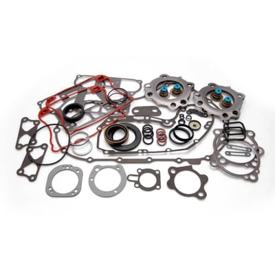 This EST (Extreme-Sealing-Technology) gasket set is complete with all gaskets, seals and o-rings that are used on this model, including primary gaskets. It's the easy way to do a complete overhaul and have all gaskets that are necessary in one package to reassemble the engine. 
This EST gasket set contains MLS (Multi-Layer-Steel) .040" thick head gaskets which eliminates the use of dowel pin o-rings. 
Base gaskets are SLS (Single-Layer-Steel) .020" thick. They have .005" of high temperature Viton rubber on both sides and are the strongest on the market. 
Rocker cover gaskets are also .020" thick SLS. They will not weep, extrude, tear or become brittle over time. 
Exhaust gaskets will not hinder exhaust gas flow and will not fray into the exhaust port. 
Valve seals utilize Viton rubber and outer springs for a perfect seal.
