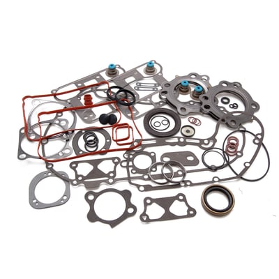 This EST (Extreme-Sealing-Technology) gasket set is complete with all gaskets, seals and o-rings that are used on this model, including primary gaskets. It's the easy way to do a complete overhaul and have all gaskets that are necessary in one package to reassemble the engine. 
This EST gasket set contains MLS (Multi-Layer-Steel) .040" thick head gaskets which eliminates the use of dowel pin o-rings. 
Base gaskets are SLS (Single-Layer-Steel) .020" thick. They have .005" of high temperature Viton rubber on both sides and are the strongest on the market. 
Rocker cover gaskets are also .020" thick SLS. They will not weep, extrude, tear or become brittle over time. 
Exhaust gaskets will not hinder exhaust gas flow and will not fray into the exhaust port. 
Valve seals utilize Viton rubber and outer springs for a perfect seal.