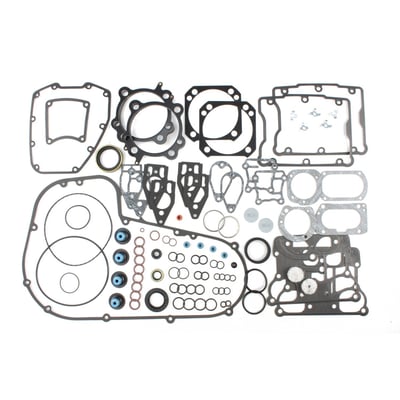 This EST (Extreme-Sealing-Technology) gasket set is complete with all gaskets, seals and o-rings that are used on this model, including primary gaskets. It's the easy way to do a complete overhaul and have all gaskets that are necessary in one package to reassemble the engine. 
This EST gasket set contains MLS (Multi-Layer-Steel) .030" thick head gaskets which eliminates the use of dowel pin o-rings. 
Base gaskets are SLS (Single-Layer-Steel) .010" thick. They have .005" of high temperature Viton rubber on both sides and are the strongest on the market. 
Rocker cover gaskets are also .020" thick SLS. They will not weep, extrude, tear or become brittle over time. 
Exhaust gaskets will not hinder exhaust gas flow and will not fray into the exhaust port. 
Valve seals utilize Viton rubber and outer springs for a perfect seal. 
With 99-10 style breather gaskets