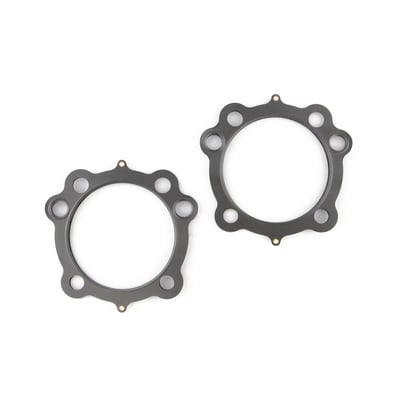 .030" thick MLS (Multi Layer Steel). Consists of a top and bottom layer of embossed stainless steel with both side coated with 250°C high temperature polymer rubber layer. The inner ring(s) are also stainless steel. The gasket layers are rivited together, outside the gasket surface, for ease of installation. The outer layers are embossed and both sides coated with a 250°C resitant polymer rubber layer. MLS head gaskets eliminate the use of dowel pin o-rings.