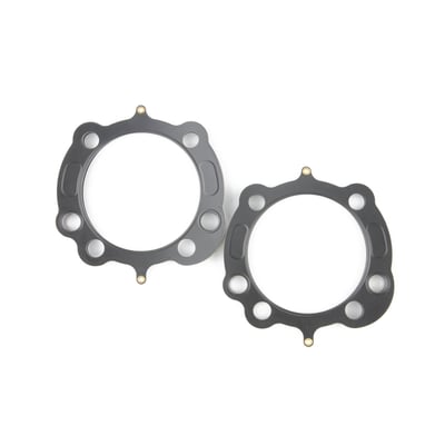 .040" thick MLS (Multi Layer Steel). MLS consists of a top and bottom layer of embossed stainless steel with both side coated with 250°C high temperature polymer rubber layer. The inner ring(s) are also stainless steel. The gasket layers are rivited together, outside the gasket surface, for ease of installation. The outer layers are embossed and both sides coated with a 250°C resitant polymer rubber layer. MLS head gaskets eliminate the use of any dowel pin o-rings. 
Standard 3-1/2" bore. 
OEM replacement reference 16771-08.