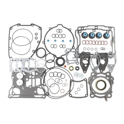 This EST (Extreme-Sealing-Technology) gasket set is complete with all gaskets, seals and o-rings that are used on this model, including primary gaskets. It's the easy way to do a complete overhaul and have all gaskets that are necessary in one package to reassemble the engine. 
This EST gasket set contains MLS (Multi-Layer-Steel) .030" thick head gaskets which eliminates the use of dowel pin o-rings. 
Base gaskets are SLS (Single-Layer-Steel) .020" thick. They have .005" of high temperature Viton rubber on both sides and are the strongest on the market. 
Rocker cover gaskets are also .020" thick SLS. They will not weep, extrude, tear or become brittle over time. 
Exhaust gaskets will not hinder exhaust gas flow and will not fray into the exhaust port. 
Valve seals utilize Viton rubber and outer springs for a perfect seal. 
With 99-10 style breather gaskets