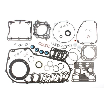 This EST (Extreme-Sealing-Technology) gasket set is complete with all gaskets, seals and o-rings that are used on this model, including primary gaskets. It's the easy way to do a complete overhaul and have all gaskets that are necessary in one package to reassemble the engine. 
This EST gasket set contains MLS (Multi-Layer-Steel) .040" thick head gaskets which eliminates the use of dowel pin o-rings. 
Base gaskets are SLS (Single-Layer-Steel) .020" thick. They have .005" of high temperature Viton rubber on both sides and are the strongest on the market. 
Rocker cover gaskets are also .020" thick SLS. They will not weep, extrude, tear or become brittle over time. 
Exhaust gaskets will not hinder exhaust gas flow and will not fray into the exhaust port. 
Valve seals utilize Viton rubber and outer springs for a perfect seal. 
With 99-10 style breather gaskets