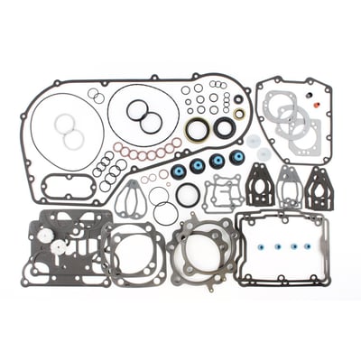 This EST (Extreme-Sealing-Technology) gasket set is complete with all gaskets, seals and o-rings that are used on this model, including primary gaskets. It's the easy way to do a complete overhaul and have all gaskets that are necessary in one package to reassemble the engine. 
This EST gasket set contains MLS (Multi-Layer-Steel) .030" thick head gaskets which eliminates the use of dowel pin o-rings. 
Base gaskets are SLS (Single-Layer-Steel) .010" thick. They have .005" of high temperature Viton rubber on both sides and are the strongest on the market. 
Rocker cover gaskets are also .020" thick SLS. They will not weep, extrude, tear or become brittle over time. 
Exhaust gaskets will not hinder exhaust gas flow and will not fray into the exhaust port. 
Valve seals utilize Viton rubber and outer springs for a perfect seal. 
With 99-10 style breather gaskets