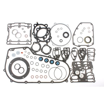 This EST (Extreme-Sealing-Technology) gasket set is complete with all gaskets, seals and o-rings that are used on this model, including primary gaskets. It's the easy way to do a complete overhaul and have all gaskets that are necessary in one package to reassemble the engine. 
This EST gasket set contains MLS (Multi-Layer-Steel) .030" thick head gaskets which eliminates the use of dowel pin o-rings. 
Base gaskets are SLS (Single-Layer-Steel) .020" thick. They have .005" of high temperature Viton rubber on both sides and are the strongest on the market. 
Rocker cover gaskets are also .020" thick SLS. They will not weep, extrude, tear or become brittle over time. 
Exhaust gaskets will not hinder exhaust gas flow and will not fray into the exhaust port. 
Valve seals utilize Viton rubber and outer springs for a perfect seal. 
With 99-10 style breather gaskets