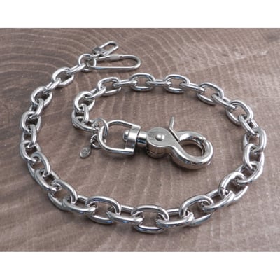 Silver; heavyweight chain with open links; chrome-plated steel; chain links 3/4" length by 1/2" width; the sturdy snap hook and dual wallet hook end-pieces adds approximately 3" to the chain length