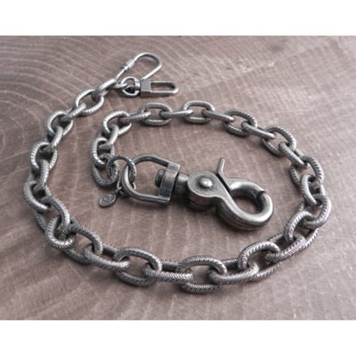 Silver; heavyweight chain with textured links; steel with antique finish; chain links 3/4" length by 1/2" width; the sturdy snap hook and dual wallet hook end-pieces adds approximately 3" to the chain length