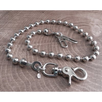 Silver; ball chain 10mm (approx 3/4" in diameter); chrome-plated steel; the sturdy snap hook and dual wallet hook end-pieces adds approximately 3" to the chain length