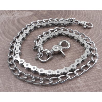 Silver; two chains; an 18" sturdy nickle-plated metal bike chain and an 23" chrome-plated shackle smooth chain; shackle chain links measure 5/8" length by 1/2" width; the sturdy snap hook and dual wallet hook end-pieces adds approximately 3" to the chain lengths