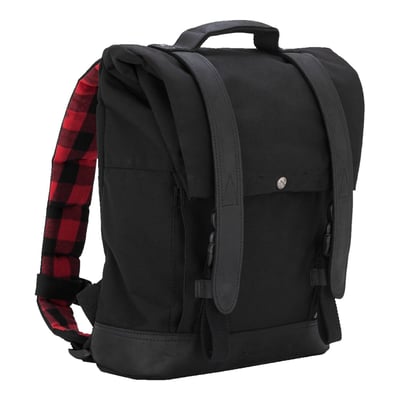 Black Cordura®; 
With leather paneling for support and a fully padded interior that has a partition for a 15" laptop
With "anti- flail snap" system