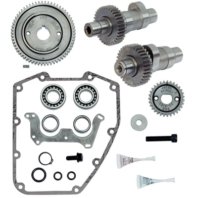 .550" valve lift. IOG = gear drive cams with Inner & Outer drive Gears. Complete kit with installation hardware, bearings and gasket. 
Bolt-in torque for stock 96" Touring bikes. Strongest cam from idle to 4000 RPM for 96" to 106". Not recommended for 10:1 or higher compression ratio.  
The gear drive system is in fact a revolutionary different and much more reliable construction. Especially in high lift/performance applications, when compared with the OEM chain-drive design. A gear driven camshaft is stronger and will not give any of the mechanical problems connected with the OEM chain driven camshafts. The S&S gear drive kit will increase valve timing accuracy, and therefore horsepower, by eliminating the timing chain lash and loosely fit stock cam gears. The only downside of gear drive is that you may experience a slight increase in mechanical sound, this is why OEM is using a chain. It has no other mechanical advantages whatsoever. Since the chain guides and tensioner are eliminated there is no longer the possibility for these parts to fail and damage other engine parts. The S&S gear drive kit reverses the direction of rotation of the rear cam, providing additional operating clearance between cam lobes. As a result, higher cam lifts are possible with the S&S gear driven cams. 

Note: With the exception of the 475G and 510G cam, adjustable pushrods (like MCS 503573) are required to compensate for the smaller camshaft base circle of these cams. 
Note: Material may have to be removed from the inner surface of the OEM gear cover before installation of the S&S outer drive gears. 
Note: The required S&S installation kit (503566) for gear drive cams is included in this complete (IOG) kit. 
Note: Using .625", .635", .640" and .675" lift cams will require crankcase clearancing. 
Note: OEM beehive valve springs of 04-17 Dyna; 04-17 Softail and 04-16 Touring models will acommodate valve lifts up to 590" valve lift and, 160 lb. of valve seat force, up to 6200RPM. Running higher than 6200 RPM or lifts greater than 590" will require performance valve springs.