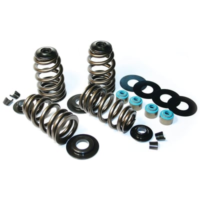 Steel top collars.
Installed pressure 183lbs@1.760", open pressure & height 380lbs@1.250", coil bind@1.180". Direct replacement, installs without machining or rocker box clearancing. High tensile chrome silicone wire with a shot-peened heat treatment and a super NexTex® finish. Kits include springs, lower & upper collars, shims, keys and Viton® seals. Compatible with stock 7mm diameter valve stems.