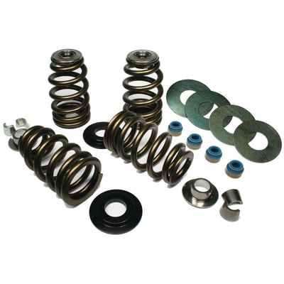 Installed pressure 217lbs@1.789", open pressure & height 415lbs@1.215", coil bind@1.125". Direct replacement, installs without machining or rocker box clearancing. High tensile chrome silicone wire with a shot-peened heat treatment and a super NexTex® finish. Kits include springs, lower collars, titanium upper collars, shims, keys and Viton® seals.