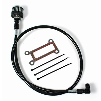 Black cap. Touring models have the oil tank mounted under the transmission. The engine, with two massive pistons going up and down, breathes in to the oil tank. This system is a way to vent the oil tank to help reduce pressure build-up and reduce power robbing pressures and stops dipstick blow-out. Comes as complete kit with filter, braided clear PVC covered lines and, if required, gaskets. 
Note: Early Touring models require dipstick housing removal. Gaskets are supplied where required.