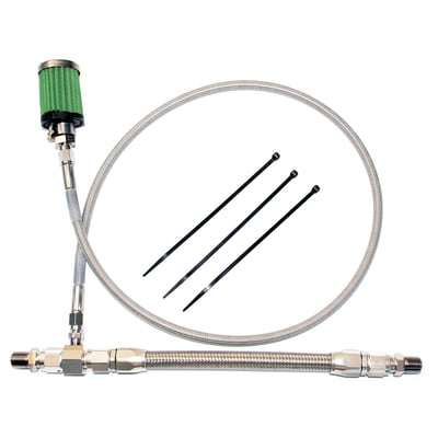 Polished stainless cap. Touring models have the oil tank mounted under the transmission. The engine, with two massive pistons going up and down, breathes in to the oil tank. This system is a way to vent the oil tank to help reduce pressure build-up and reduce power robbing pressures and stops dipstick blow-out. Comes as complete kit with filter, braided clear PVC covered lines and, if required, gaskets. 
Note: Gaskets are supplied where required. 
Note: Must replace the factory vent line from back of engine to oil filler spout.