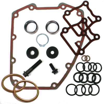 Lower end Quick Change kit for 99-06 to 06-17 conversion style cams. 
Includes:
Quick change gasket kit, 2 Timken inner cam bearings that replace H-D #9198, crank and cam bolts, camshaft retaining ring, moly lube and Loctite. 
Complete as shown.