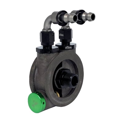 With built-in thermostatic valve for precision cooling, correctly tailored to the engine's needs. This 566635 oil filter adapter is an optional part and designed to work with front engine mounted spin-on oil filters. Provides easy access to the oil lines for fitment of an oil cooler to Sportsters and Big Twin Evo models (excl. Fuel injected Evo's). Adapter allows the oil to flow through the filter before entering the cooler, resulting in less restriction.
Note: See 970717 for upgrade nut, required for 566635 adapter when used with S&S engines.