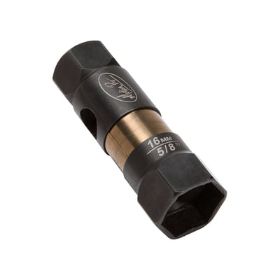 16mm socket, for most 10mm threaded spark plugs. Used with a 3/8" square drive or 17mm wrench. Allows a fixed or up to a 15° angle swivel drive when used with the 567325 optional wobble extension bar. The wobble extension is used to gain better (angled) access to hard to reach places.