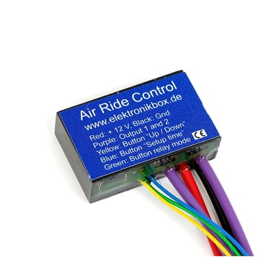 The Air Ride Control will control both the compressor and the release valve with a single pushbutton touch. It is easily on-bike programmable so the pump will run as long as the rider has pre-programmed, to the rider's preferred ride height. Max 350W peak and 200W continuous from 12V connection. Dimensions: 40mm x 25mm x 12.5mm.