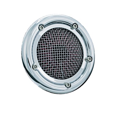 Chrome plated with a polished stainless steel screen. 
Velocity stacks are cool but wreak havoc in your engine during regular street use. The authentic looks of a velocity stack with excellent engine protection of a genuine K&N filter element sums up the Velociraptor. A filtered velocity stack, ready for the real world!