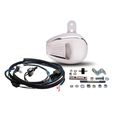 The Forceflow cylinder head cooler incorporates a high power fan, great for Stop & Go traffic. It can decrease cylinder head temperature up to 100 °F (37 °C) when idling in the sun and can be turned on/off by hand at will or by thermostat. The Forceflow is mounted in the horn location. A mini horn is included and located inside the Forceflow housing as a complete package. 
Note: Compatible with both oil cooled and water cooled heads, but Twin Cooled models require a different placement of the thermostat, or on-off switching must be done manually. 