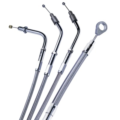 Braided, a braided steel cable with clear protective coating and chrome fittings.
48-3/4" outer cable length.
Standard custom cable length is 52-3/4" outer cable length, which includes the adjuster in the middle of the cable.