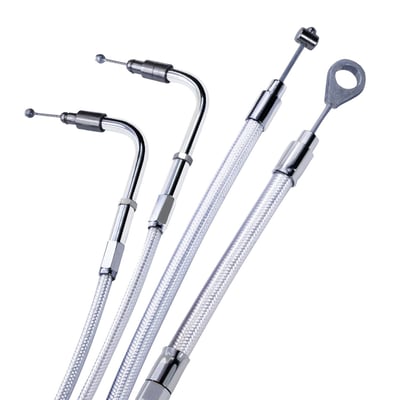 Platinum, a bright silver plated braiding with clear protective coating and chrome fittings.
Used for the stock Keihin CV carburetor and also for the fuel injected models.
Outer cable length as mentioned is the over or undersize length of the 'standard' 32" long custom cable length.
- 90 elbow
- Non threaded circlip design
- Elbow length: 5"
- Inner cable stick out: 4-5/8"