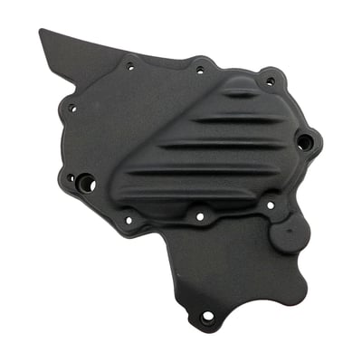 Black. Ribbed cast aluminum for the right old-time touch with CNC machined precision where it counts. Direct replacement for the stock sprocket/pulley cover.
