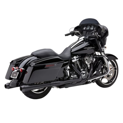 Satin black with a black tip. Slip-ons inspired by the El Diablo 2-1. Internally, the spun-louvered core provides the bark and horsepower increase you expect from Cobra. It starts as a 2 and 3/4-inch piece of tube, and morphs into 4-inches at the rear. To finish it all off, Cobra machined a beveled tip to complement the lines of the megaphone, and etched the Cobra logo on top.