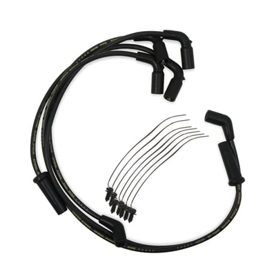 Black wires, with yellow print. With black plug boots and coil boots. Ready to install. Low resistance 500 Ohm/ft. Ferro Spiral core, for maximum energy delivery, with a 8mm thick silicone jacket. The silicone insulation effectively eliminates RFI and EMI interference for a interrupt-free functioning of all on-board electronics. Fully compatible with both carburetor as the Delphi fuel injection systems. High temperature boots withstands over 500°F.
Note: Compatible with all H-D ignition systems. If you have an aftermarket ignition, please check with manufacturer ohm requirements.