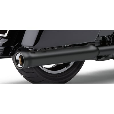 Black. Comes with a 3" diameter body that bells out to 3.5". These are perforated core slip-on mufflers that are, some say, too loud and nickname them 'Neighbor Haters'. But for the Loud Crowd these are the slip-ons that will truly bring life to the bike! The sound is loud & low and fully different from the shrill sound of drag pipes due to the 2" constant velocity baffle design with stainless mesh and high/density bonded fiberglass wrap.
Note: Very loud.