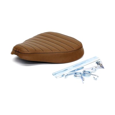 Dark brown synthetic leather upholstery. Good for a bobber or many other custom builds that need a solo. Consists of 2 parts, a seat and a installation kit. The install kit is a mounting bracket and 2 springs, enabling you to install it directly to the frame or have a seat with classic spring suspension. The base is made from unpainted black ABS plastic and comes with 20mm thick seat foam that is covered with a water repellent membrane below the synthetic leather upholstery.
Note: Installation modifications may be required.
