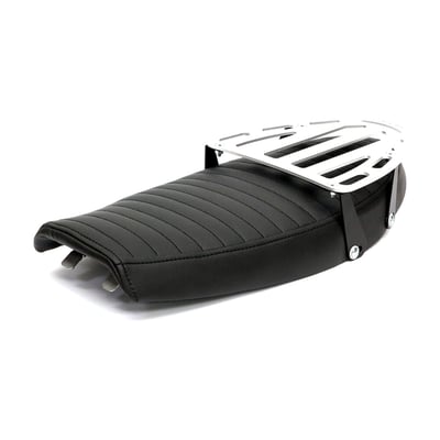 Scrambler seat with luggage rack; Black seat; seat foam 40 mm thick; synthetic leather; ABS plastic base